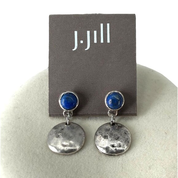 J. Jill Post Drop Earrings Indigo Blue Skies Bead Hammered Disk Silver Tone NWT - Picture 4 of 7
